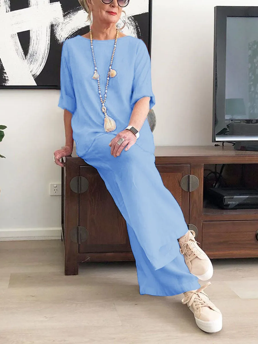 Simple Casual Loose Round Neck Blouse Suit